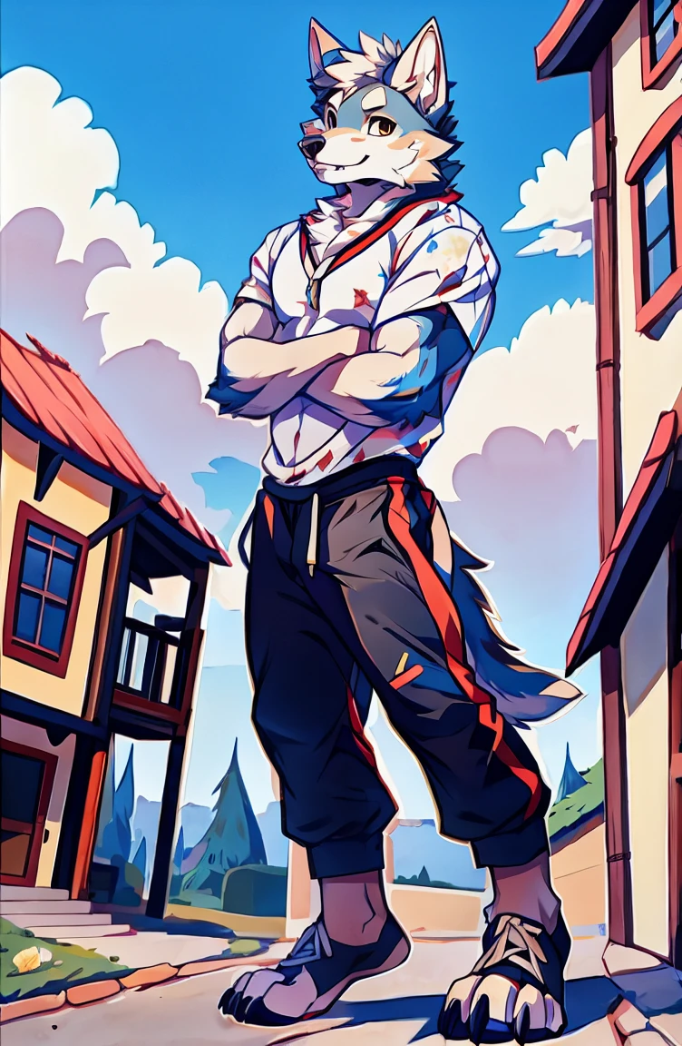 Human-wolf,musculouull Body Furry,paws with claws,pass upright,The upper body naked,Short sweatpants,towns