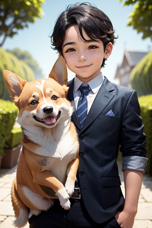 Jonathan a smiling 5-year-old human boy, com seu fiel amigo, Bolt, the welsh corgi welsh dog, sentados no jardim um ao lado do outro