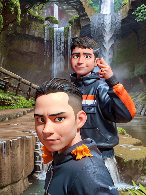 there are two men posing for a picture in front of a waterfall, with a waterfalls, with waterfalls, next to a waterfall, waterfall in the background, in a cave with the waterfall, with waterfalls and river, coban, in jungle forest !!!, waterfall!!!!!, waterfalls in the background, standing near a waterfall, with trees and waterfalls, waterfall in background