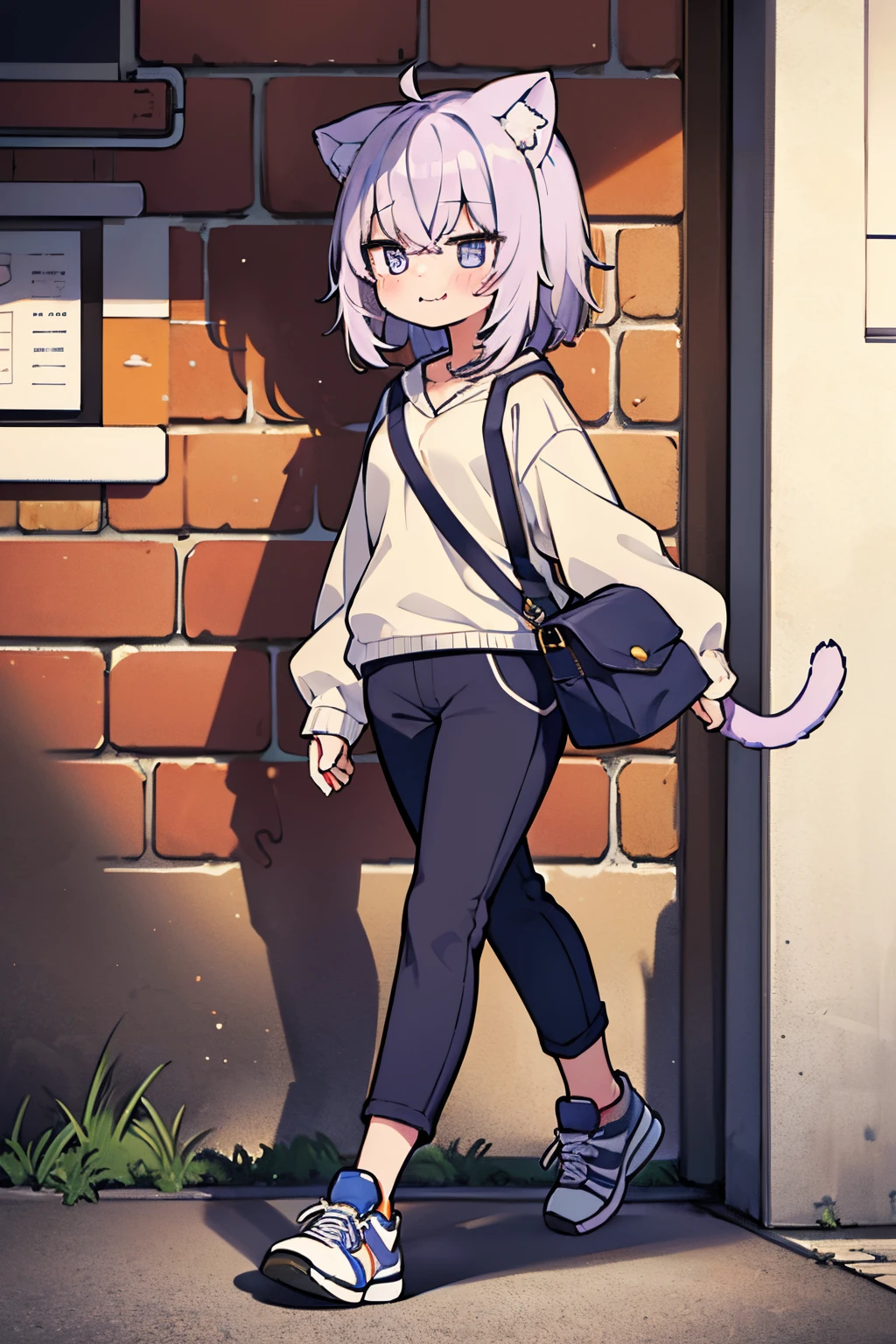 ((Nekomata okayu)), ((Masterpiece)), (High Definition:1.3), (Professional Photography:1.2), (wavy mouth:1.3), put on cat ears, Focus: 1.2, messy short hair, (Perfect Body Beauty), (Best Quality), (Best Shadow), Detailed, Perfect Lighting, BREAK, Little smile, cute eyes, swept bangs, Perfect Anatomy, BREAK, (walking), on the brick wall, Looking away, full body, (baggy), blue collage jacket, Sweatshirt, 1 crossbody bag for girls, sneakers, Black adidas pants,