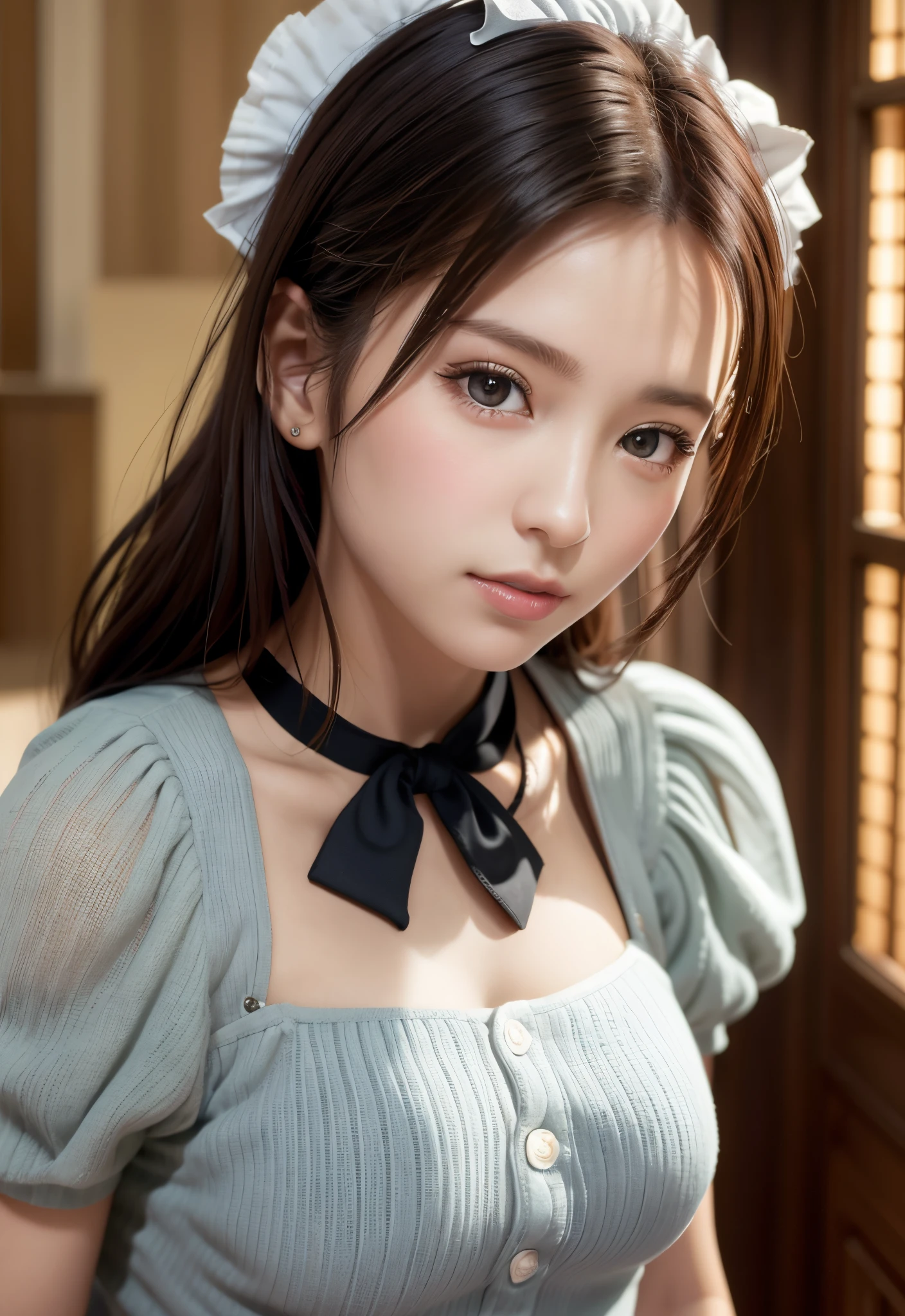 8K, of the highest quality, masutepiece:1.2), (Realistic, Photorealsitic:1.37), of the highest quality, masutepiece, Beautiful young woman, Pensive expression,、A charming、and an inviting look, Cute Maid Clothes, Hair tied back, Cinematic background, Light skin tone