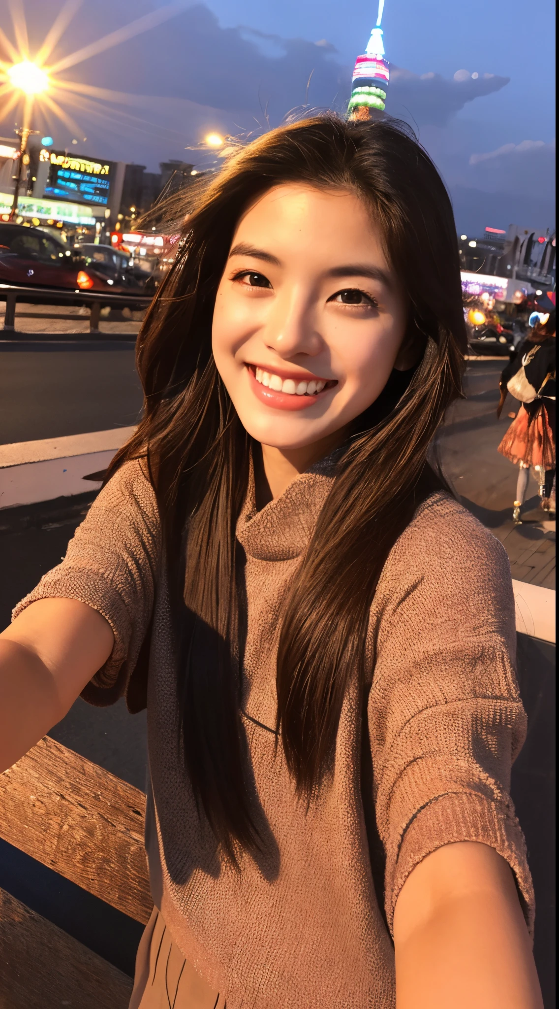 1girl in, Fisheye, Selfie, Wind, hair messy, Sunset, Cityscape, (Aesthetics and atmosphere:1.2),beautiful woman smiling、8K、An ultra-high picture quality、japanes、1 woman around 20 years old