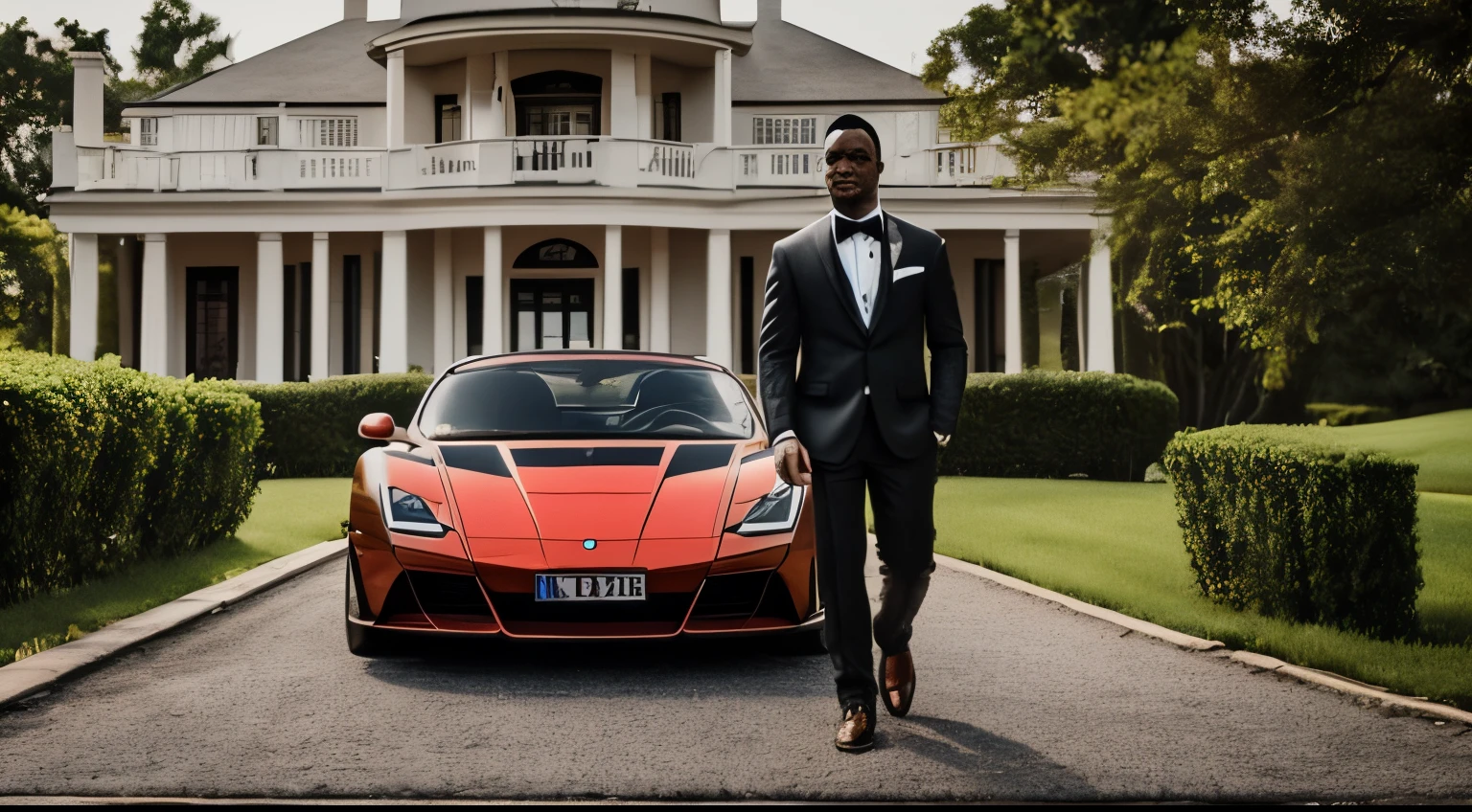 A muscular man in a black tuxedo and tie in a mansion, a rich man millionaires, rich man muscular millionaires in a modern mansion