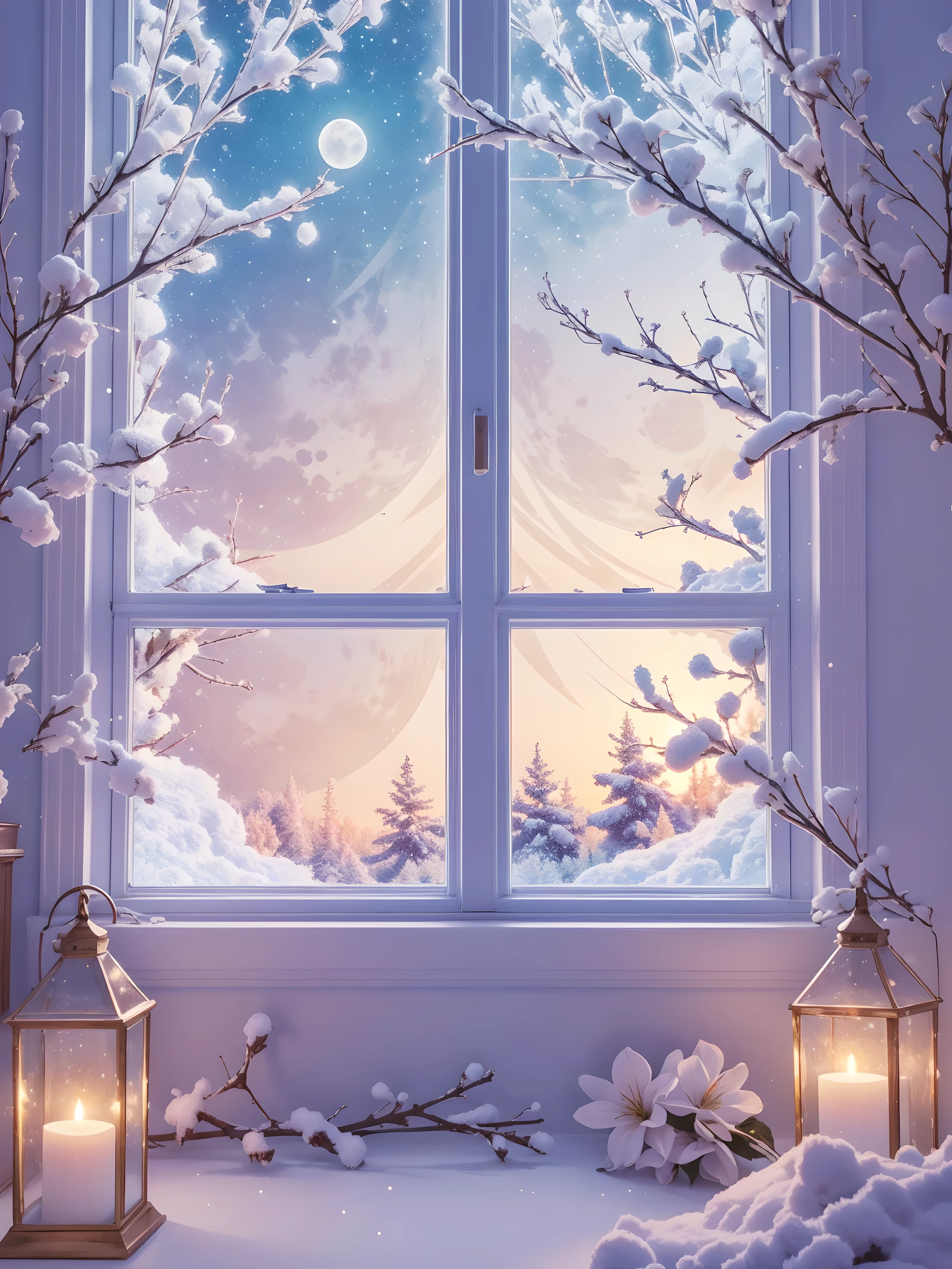 (Best quality:1.2), aesthetic lo-fi minimalist scene, winter, holly flower, window, moon, light bokeh, in soft colors, glitter, dynamic side angle, natural soft lighting, 8k resolution, illustration