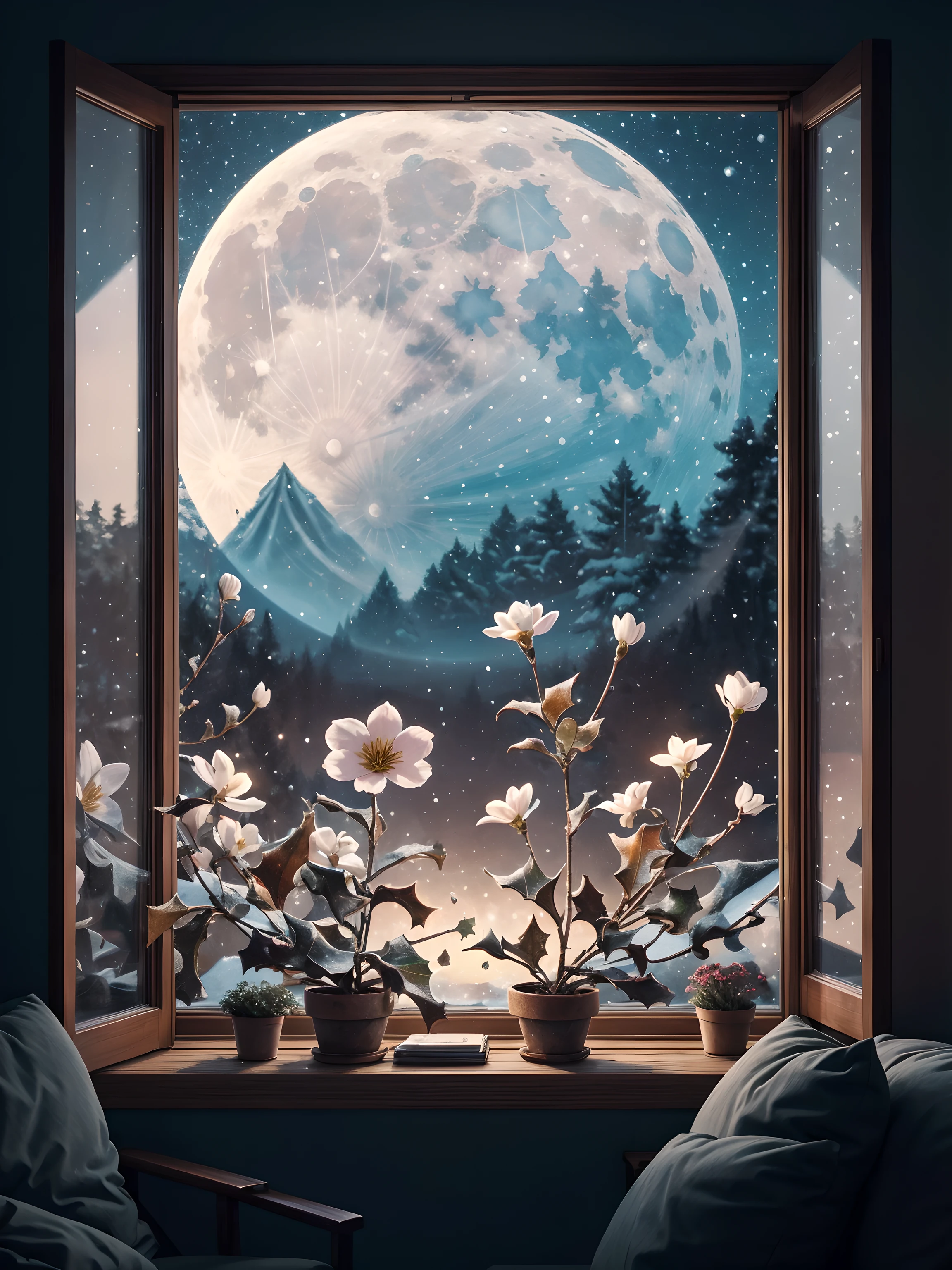 (Best quality:1.2), aesthetic lo-fi minimalist scene, winter, holly flower, window, moon, light bokeh, in soft colors, glitter, dynamic side angle, natural soft lighting, 8k resolution, illustration