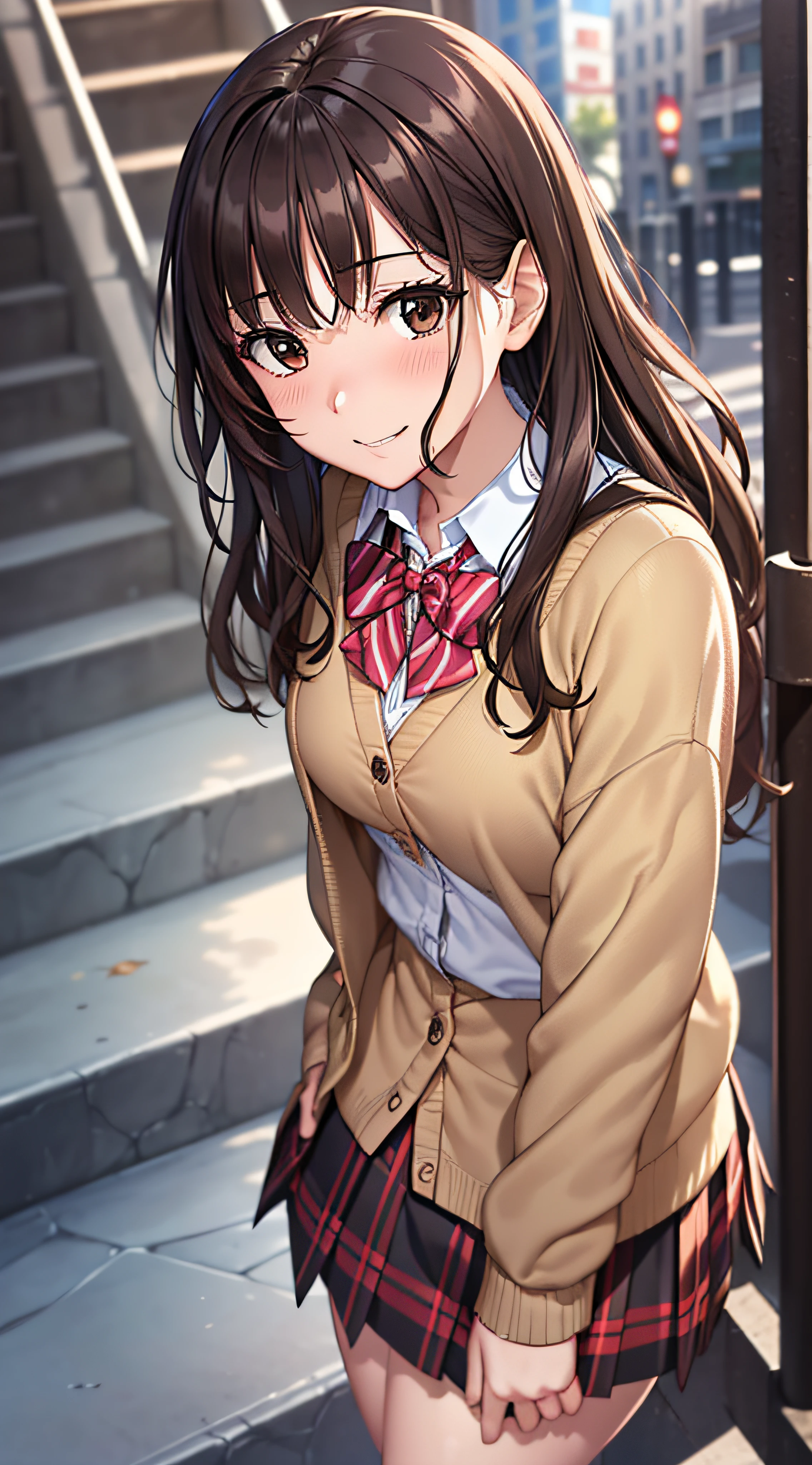 ((masutepiece, Best Quality, hight resolution, nffsw, Perfect Pixel,  4K, nffsw, nffsw))), 1girl in, Single, Solo, Beautie、full body seen、 ((Middle Wave Hair, Bangs, Brown hair)), ((Brown-eyed, Beautiful eyelashes, Realistic eyes)), ((Detailed face, Blushing:1.2)), ((Smooth texture:0.75, Realistic texture:0.65, Photorealistic:1.1, Anime CG style)), medium breasts, Dynamic Angle, Perfect body,  ((red bowtie, School uniform, Black jacket, Open jacket, Brown cardigan, White shirt, Black skirt, plaid skirts)), stairs at school、Looking up from the bottom of the stairs、Very embarrassing panic smile, turned around、bending forward、(The wind flipped my skirt and exposed my butt........、Touching the buttocks with both hands、Pink lace panties)、