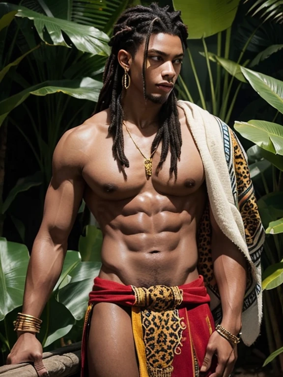 Africa man, dark skin, dreadlocks hair, handsome, big muscles, broad shoulders, sexy, wet body, perfect figure, wearing stone bead necklace, stone bead bracelet, red loincloth, gold earrings, feather jewelry, leopard skin. , in the rainforest , parrot