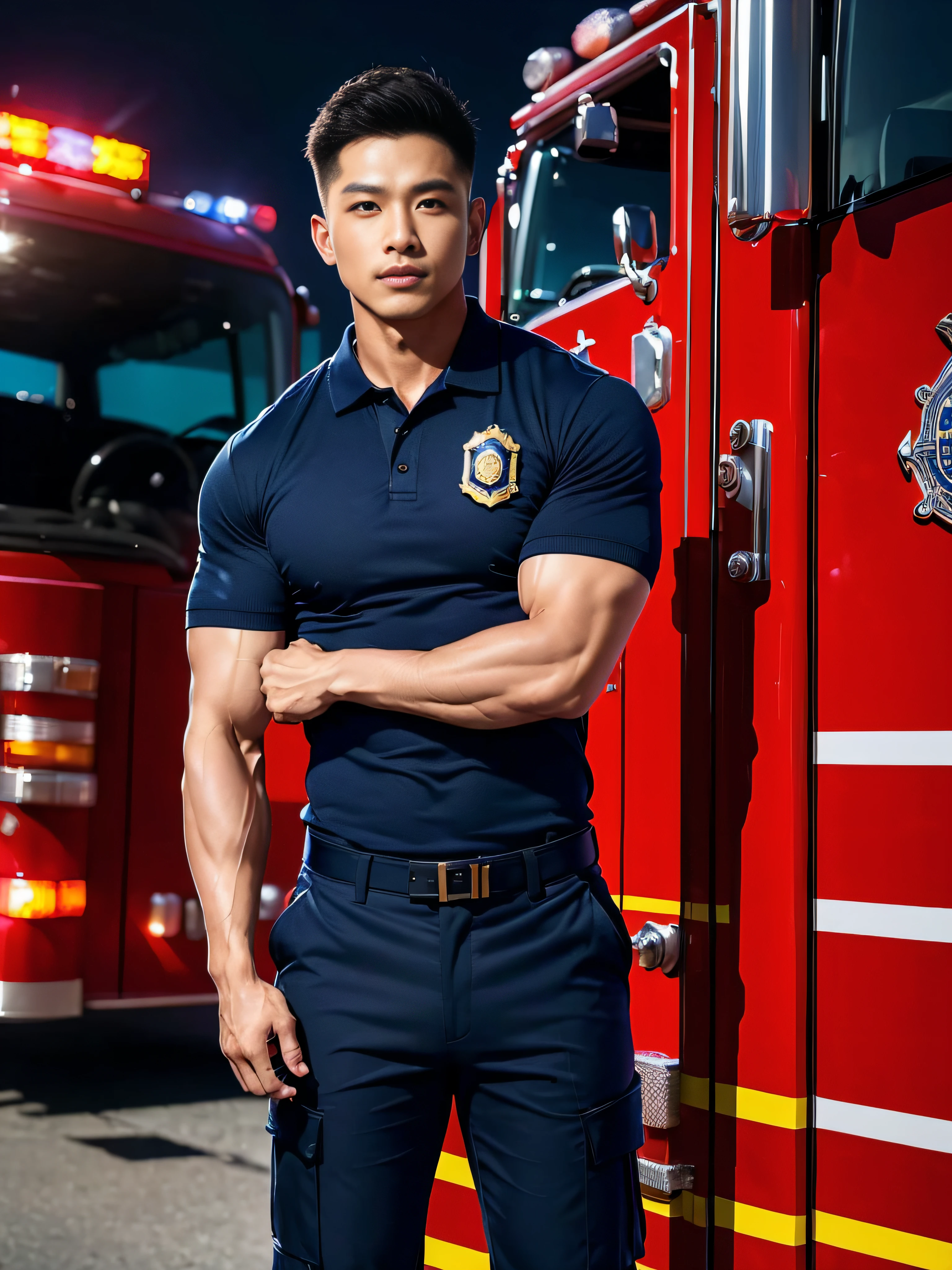 (masterpiece: 1.2), (Realistic:1.5), (Post Processing:1.3), (crisp focus:1.3),wide angle, 1 male police officer, Korean Men ,facial hair, Full body, ,(Police badge) ,(Torn navy blue polo shirt), (Navy polo shirt.), (Abrasions on the body....: 1.3), (Navy Cargo Pants: 1.3), Short Hair Hair, (High shadow detail),Pectoral muscles, Big arm muscles, blood vessel, Big muscles, Wide shoulders, Abrasions on the body...., Abrasions on the face, nighttime , fire truck