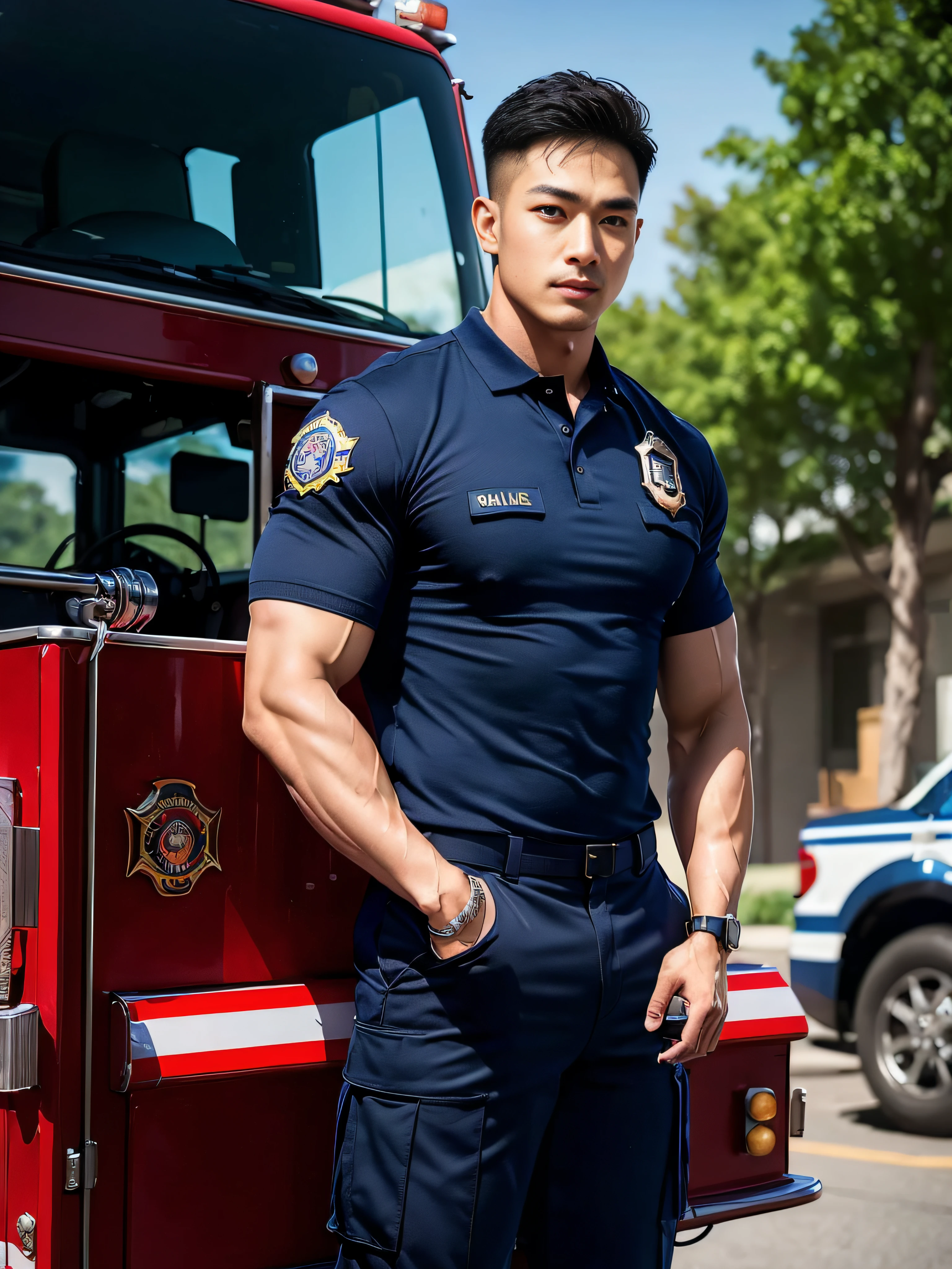 (masterpiece: 1.2), (Realistic:1.5), (Post Processing:1.3), (crisp focus:1.3),wide angle, 1 male police officer, Korean Men ,facial hair, Full body, ,(Police badge) ,(Torn navy blue polo shirt), (Navy polo shirt.), (Abrasions on the body....: 1.3), (Navy Cargo Pants: 1.3), Short Hair Hair, (High shadow detail),Pectoral muscles, Big arm muscles, blood vessel, Big muscles, Wide shoulders, Abrasions on the body...., Abrasions on the face, nighttime , fire truck