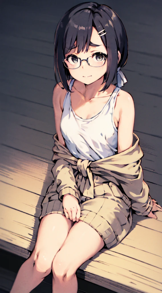 masterpiece, top-quality, One lady, The best smile, Japan people in their 20s, (A dark-haired, Short Bob Hair, Strengthen curly hair and waves, Shorthair, With bangs, The back hair is a ponytail(Length to the waist), attach hairpins to bangs), (thick eyebrow, draw thick eyebrows), (drooing eyes, Blue eyes, Blue eyes), Small nose, Thicker lips, (Rimless glasses, Small glasses, glasses for women), Wheat-toned skin, and draw the full body, dynamic sitting pose, (Looking at the camera, Front of camera, Look at viewers, Front attitude, Turn your face to the viewer, face forwards).