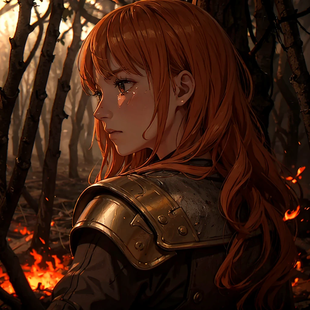 Girl in armor with blond hair, tears are flowing down her face, she has blood on her hands. She's standing with her face, from behind there is a burning forest in the background and an enemy army engulfed in fire in the forest, higly detailed, tension, Cinematic shot