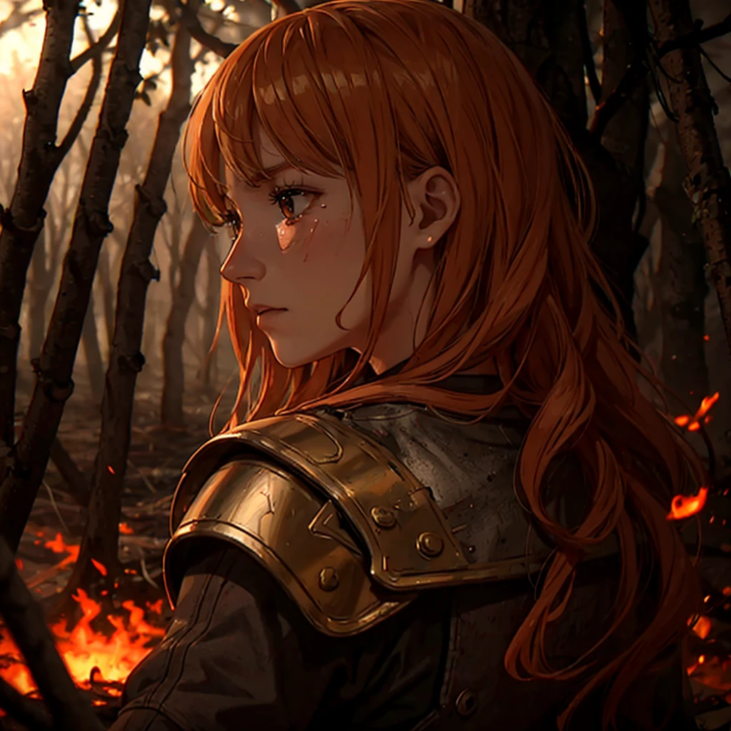 Girl in armor with blond hair, tears are flowing down her face, she has blood on her hands. She's standing with her face, from behind there is a burning forest in the background and an enemy army engulfed in fire in the forest, higly detailed, tension, Cinematic shot