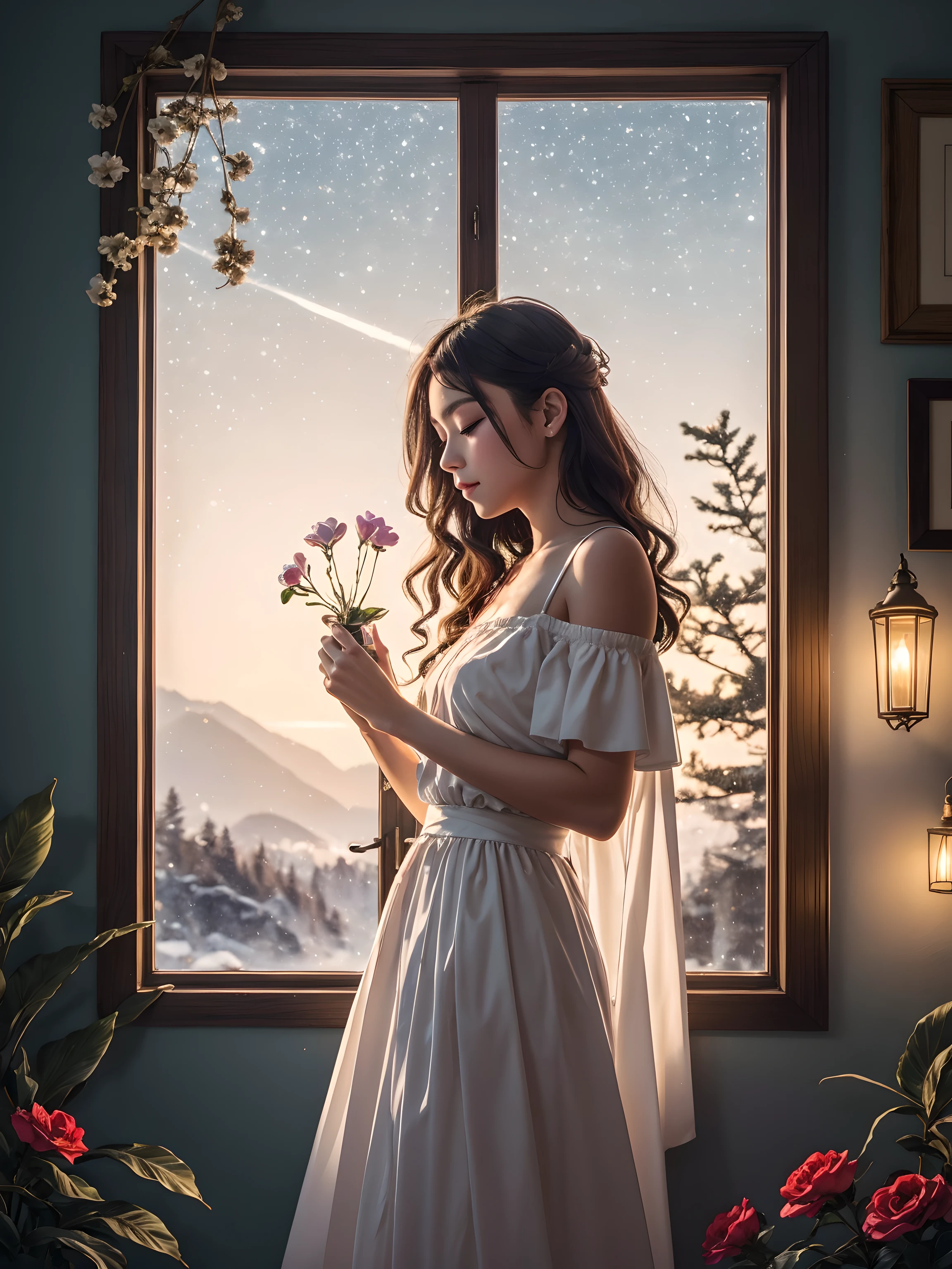 (Best quality:1.2), aesthetic lo-fi minimalist scene, winter, holly flower, window, moon, light bokeh, in soft colors, glitter, dynamic side angle, natural soft lighting, 8k resolution, illustration