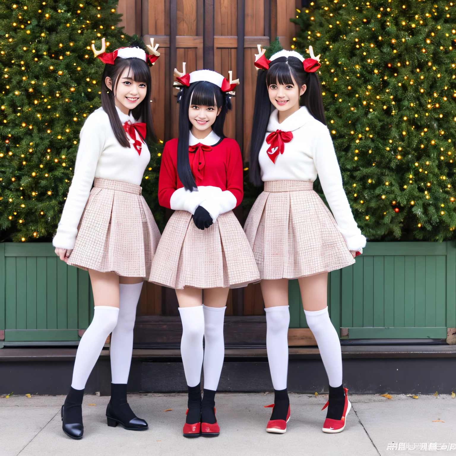 Three Girls。Christmas。Sticking。Twin-tailed。Straight。poneyTail。Full body black。Hair is short