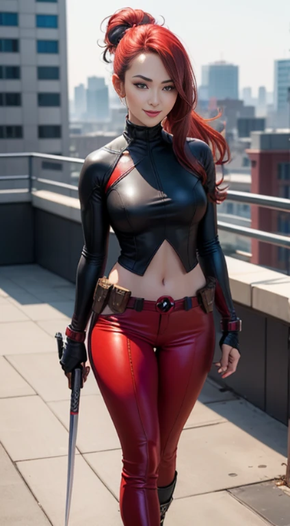 attractive fit female assasin, red head hair, wearing a open cleavage black motorcycle suit, holding a sniper rifle