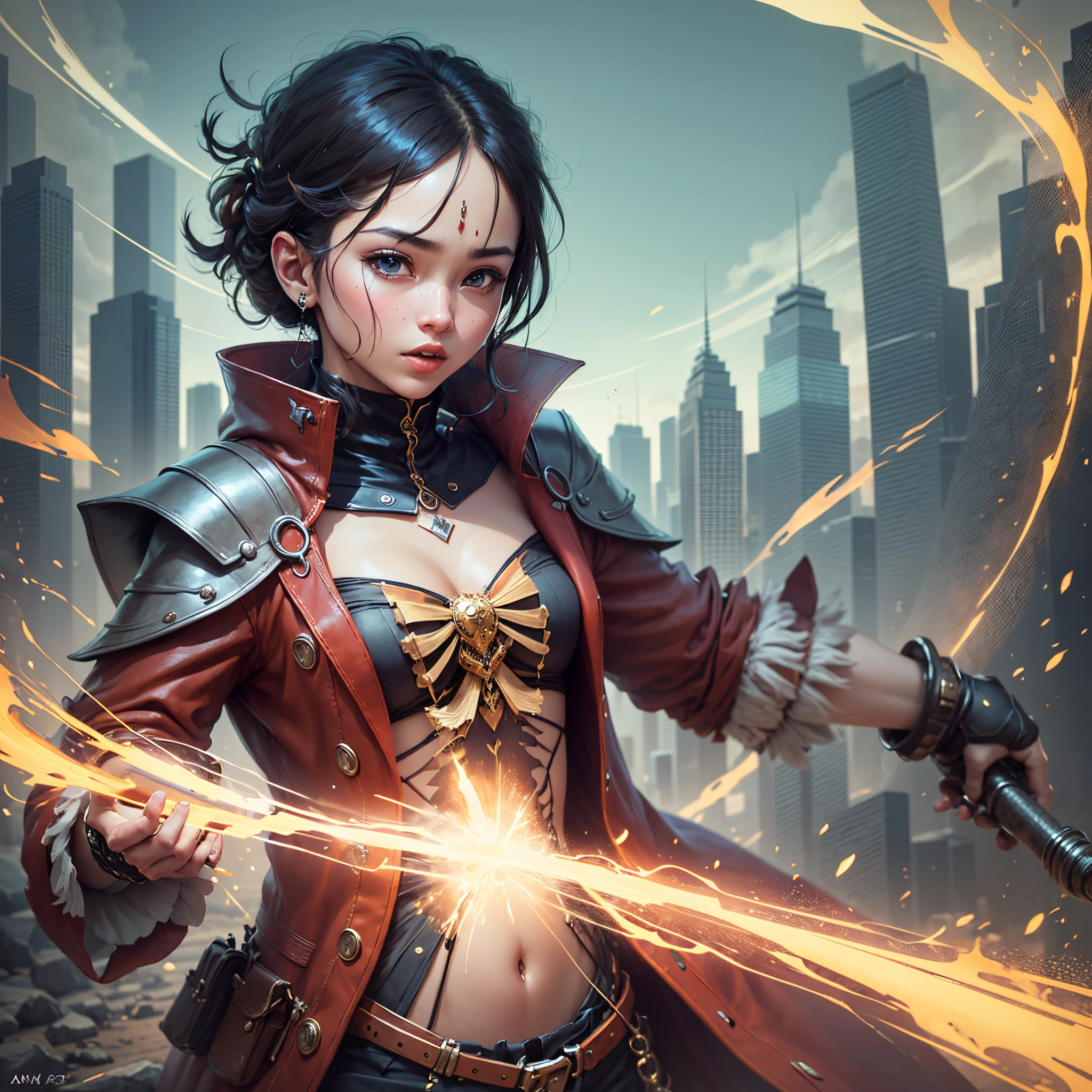 A cute steampunk girl running, strong lighting contrasts, playful pose, brown background