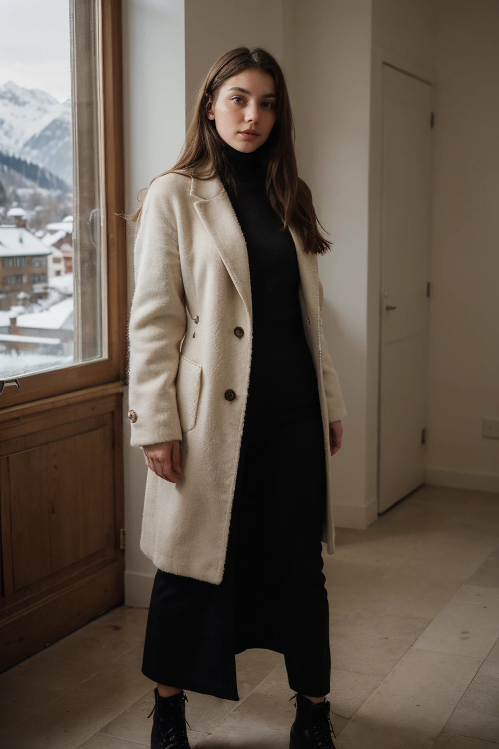 photography of a 20yo woman, perfect face, masterpiece, same face, from, no brand, switzerland background, head to the left, big mantle, full body, winter style, fully dressed