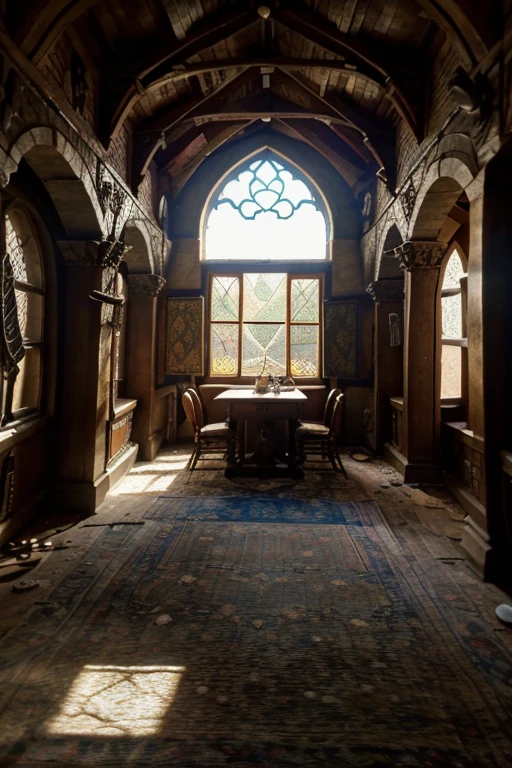 style hamunaptra_sd2 zrpgstyle, medieval fantasy tavern interior in ruins, colorful tapestries on the walls Game of Thrones Hogwarts bright morning sunlight shining through the windows Clutter-Home, high quality (detailed) (intricate) (8k) (HDR) (wallpaper wall) (cinematic lighting) (sharp focus)