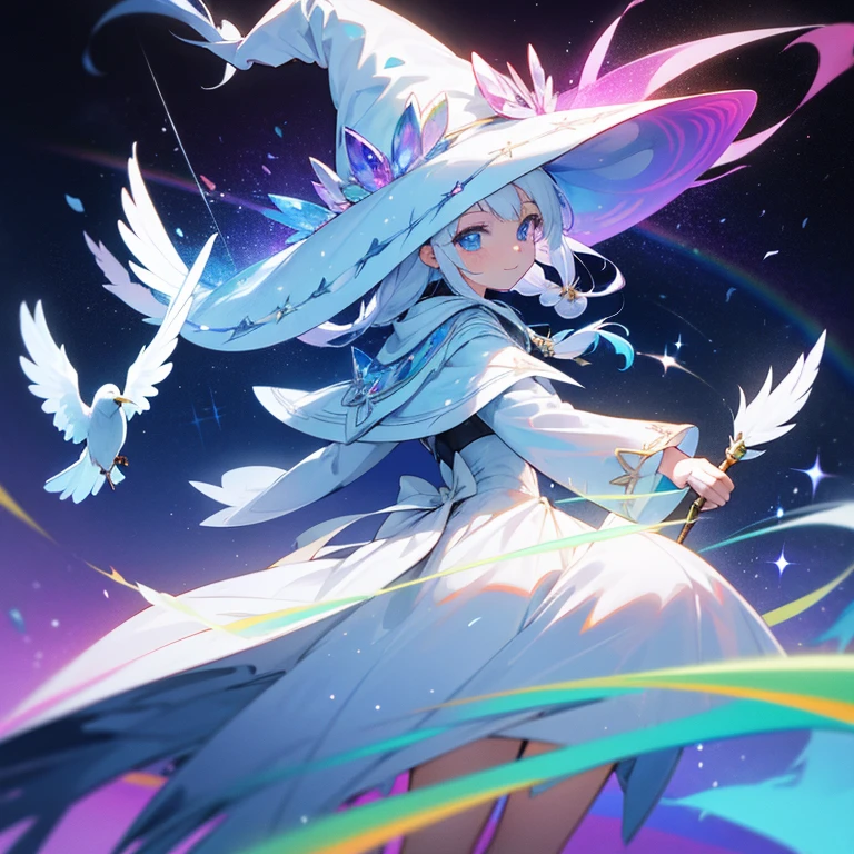Human Female,27yo,Adults,Alone,Precure,Fight with magic,Smooth long hair,pure white hair,Big blue eyes,Sparkling eyes,White long-sleeved witch's outfit with rainbow-colored gems,white long fishtail skirt,A white cloak that looks like it contains a star in the universe,White ribbon,a white collar,in warm colors,blanche,pure,kindly smile,Cool,Magical,myterious,Mysterious,Beautiful fece,Hopeful,animesque,White Witch,archmage,bro,uses magic,European style,colorful crystal,white crow feathers,White witch hat with white ribbon and white bird feathers,magic wand with aurora gemstone,optic,Silver Light,use rainbow magic,Rainbow Light,Turn left and look straight ahead,Best Quality,high-level image quality,hightquality,a moon,Aurora,stele,No logo