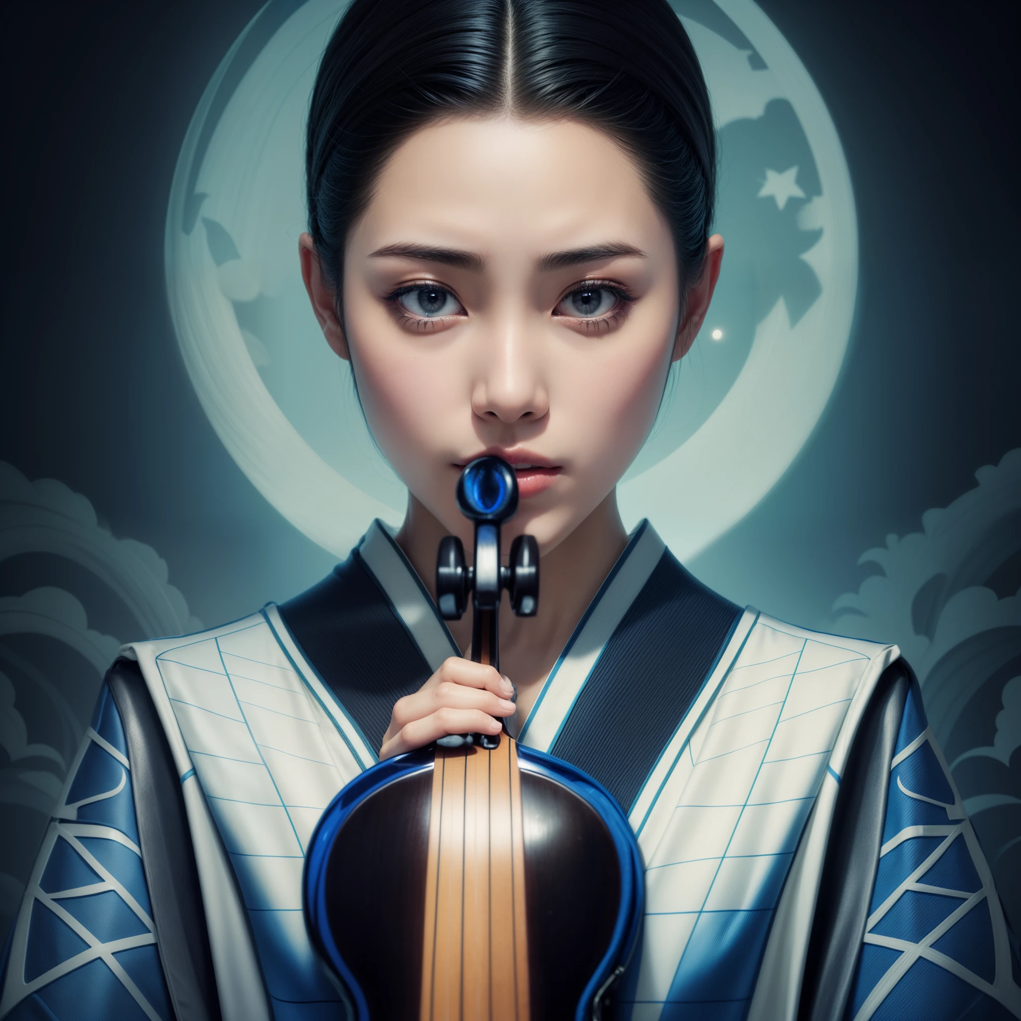 a beautiful Asian woman, black hair, beautiful eyes, silky skin, wearing a blue and white kimono, and holding a violin, on a night with a moon in the background, with scattered clouds on her side in the background, beautiful hyperrealistic musician, a beautiful and charming musician, a beautiful photorealistic Asian woman, sexy violinist with intricate details.