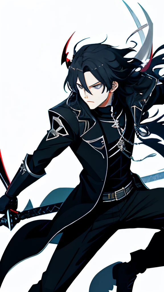 Knight, Anime, Sword, Hair. Black clothes, Demon background, Possessed.