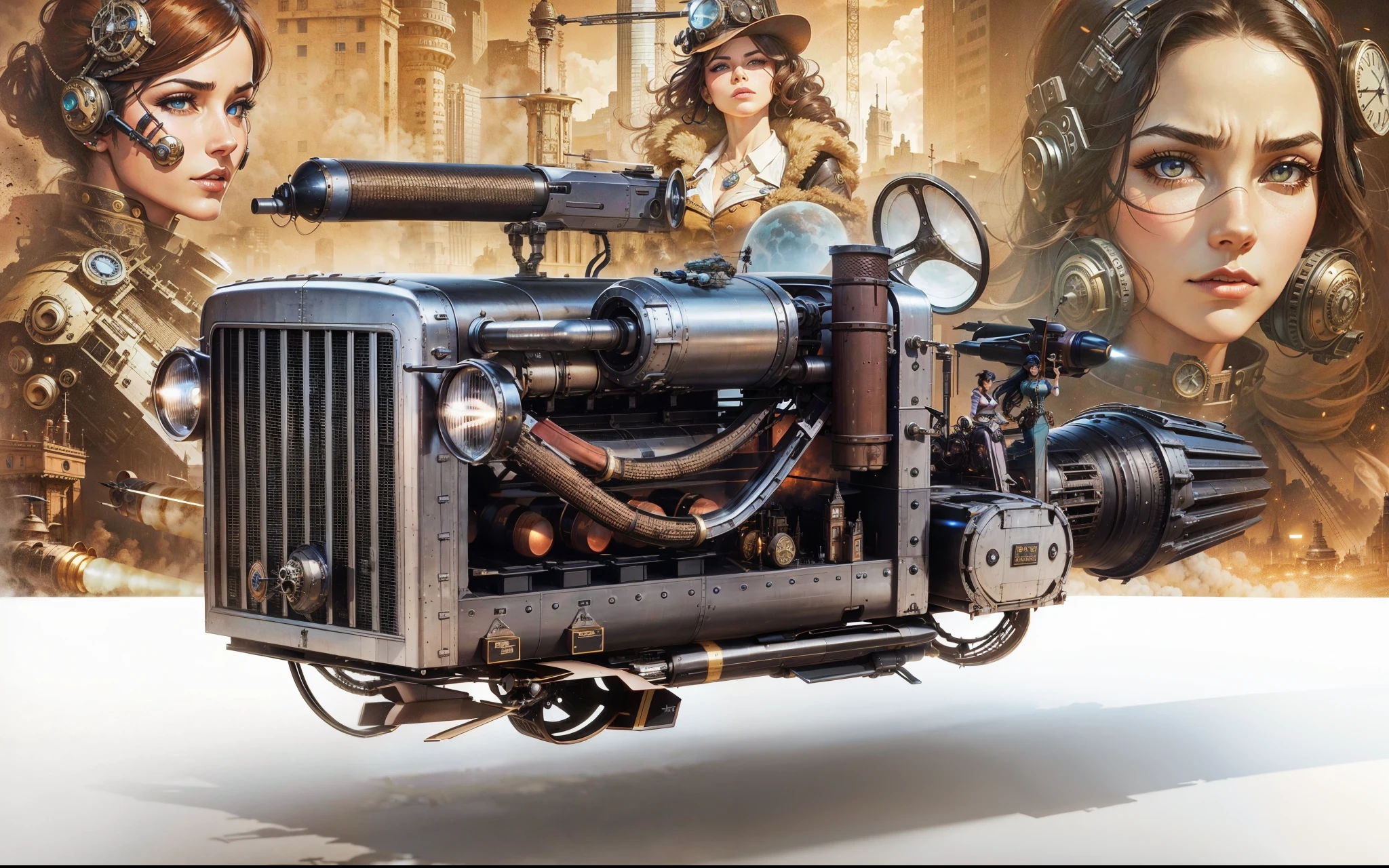 A Hover Bike carrying missiles in the foreground, two closes of beauties steampunk ladies drivers and a steampunk city in the background