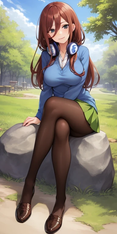 ((full body)), ((full pose)), 2d, masterpiece, best quality, anime, highly detailed, 1girl, solo, cowboy shot, nakano miku, brown hair, hair between eyes, blue cardigan, headphones, pantyhose, collared shirt, green skirt, miniskirt, medium breasts, ((sitting on rock)), ((crossed legs)),, school, outdoors, smile