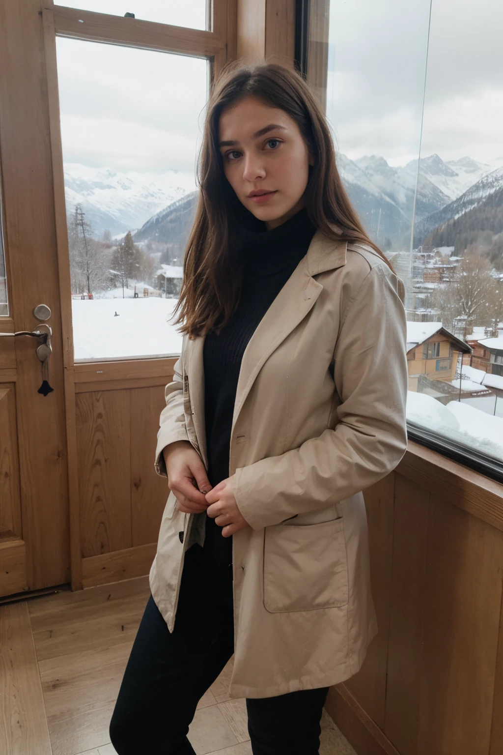 photography of a 20yo woman, perfect face, masterpiece, same face, from, no brand, switzerland background, head to the left, big mantle, full body, winter style, fully dressed, hands completely in pocket