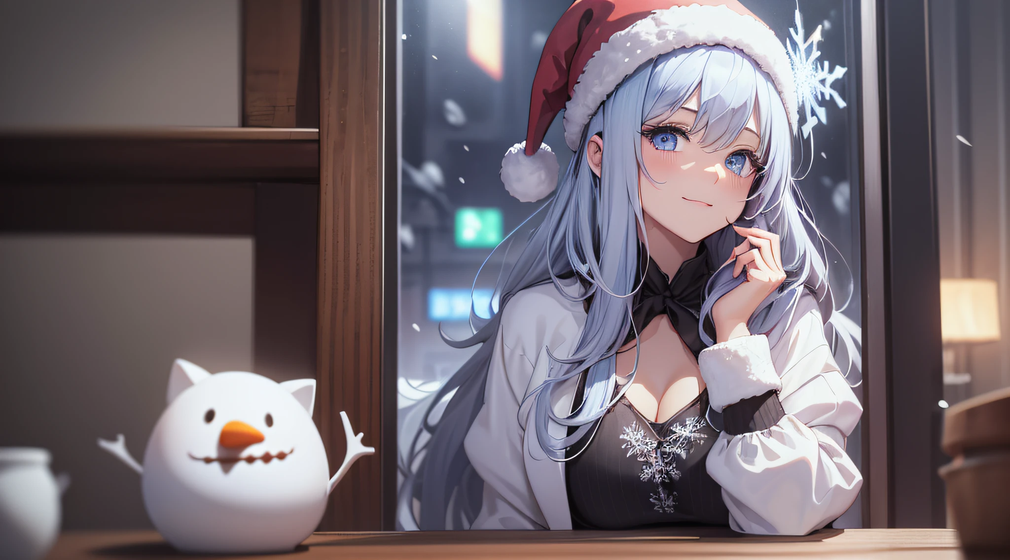 top-quality、Top image quality、masterpiece、s girl((white longcoat、black pants rack over shirt、Santa's Hat、18year old、 Ager、Best Bust、big bast,Beautiful light blue eyes, Long silver hair、A slender,Large valleys、dye one's cheeks red、White breath、Reflecting the whole body、jamping、reaching out her hands、dye one's cheeks red、A slight smil、sit a chair、A slight smil)),hiquality、Beautiful Art、Background with(( Calm cafe at night、Counter seats、Hot coffee、snowflakes falling、Heavy snow falls、snowman、 A world where snow piles up)))、masutepiece、depth of fields,