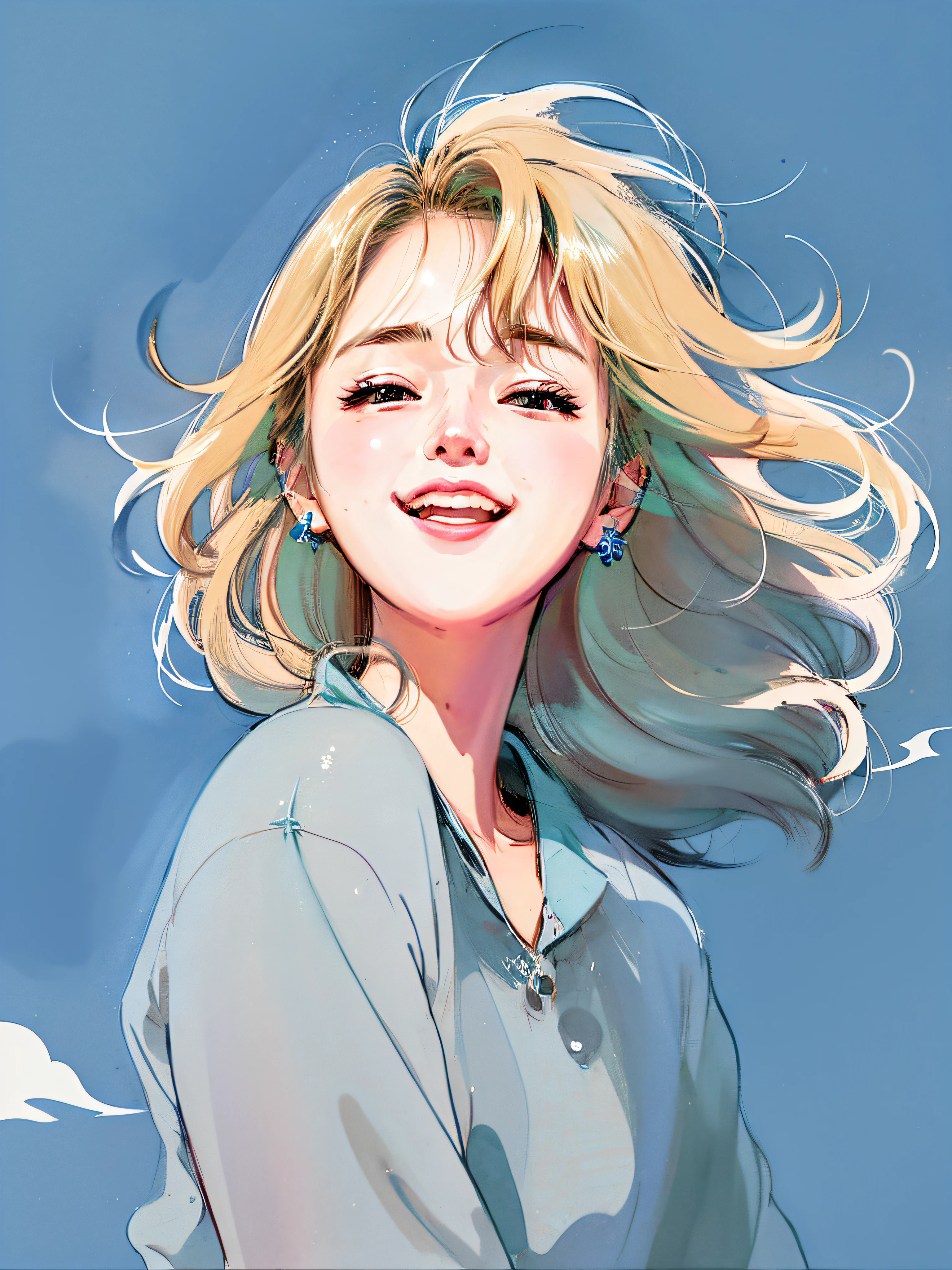 Anime style image of woman with blond hair and blue shirt, Anime style illustration, lofi-girl, cute anime girl portraits, she expressing joy, anime illustration, She smiled happily, and she smiling, Happy girl, Anime visuals of a cute girl, [[[[Laughed hard]]]], A beautiful anime portrait, Digital anime illustration