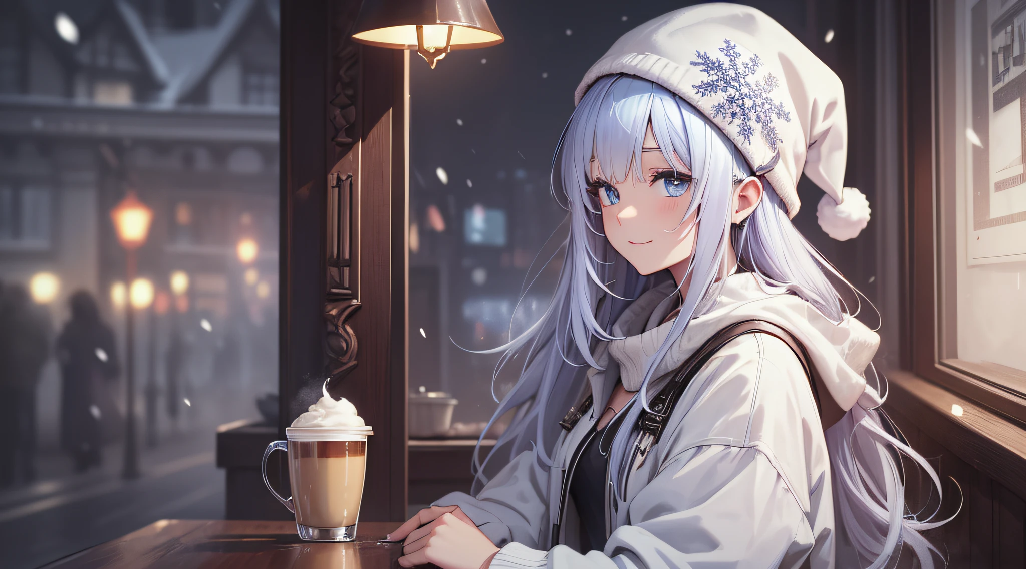 top-quality、Top image quality、masterpiece、teens girl((white longcoat、black pants rack over shirt、Santa's Hat、18year old、 Ager、Best Bust、big bast,Beautiful light blue eyes, Long silver hair、A slender,Large valleys、dye one's cheeks red、White breath、Reflecting the whole body、jamping、reaching out her hands、dye one's cheeks red、A slight smil、sit a chair、A slight smil)),hiquality、Beautiful Art、Background with(( Calm cafe at night、Counter seats、Hot coffee、snowflakes falling、Heavy snow falls、snowman、 A world where snow piles up)))、masutepiece、depth of fields,