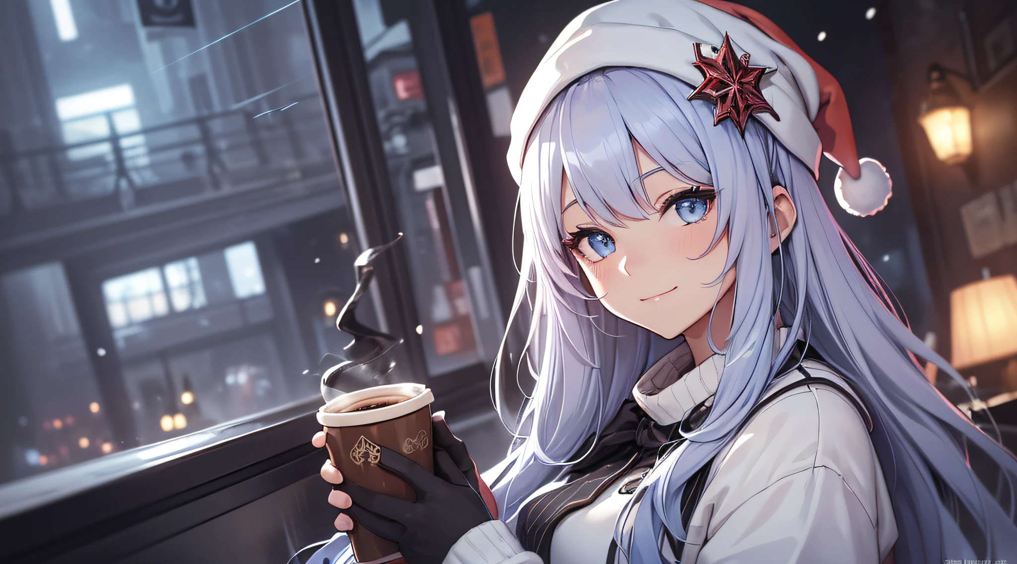 top-quality、Top image quality、masterpiece、s girl((white longcoat、black pants rack over shirt、Santa's Hat、18year old、 Ager、Best Bust、big bast,Beautiful light blue eyes, Long silver hair、A slender,Large valleys、dye one's cheeks red、White breath、Reflecting the whole body、jamping、reaching out her hands、dye one's cheeks red、A slight smil、sit a chair、A slight smil)),hiquality、Beautiful Art、Background with(( Calm cafe at night、Counter seats、Hot coffee、snowflakes falling、Heavy snow falls、snowman、 A world where snow piles up)))、masutepiece、depth of fields,