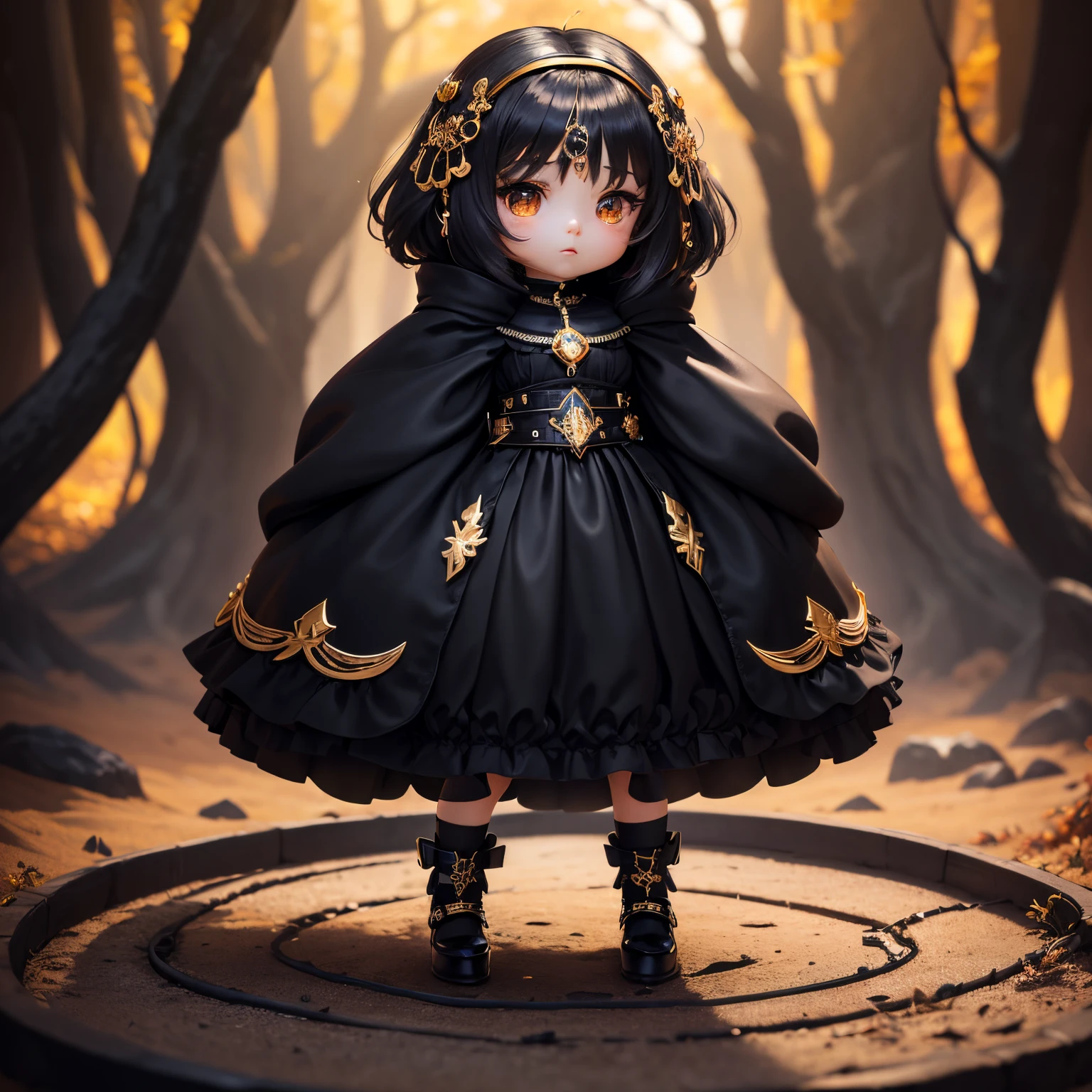 masterpiece、top-quality、ultra-detailliert、(Chibi Chara's Daughter:1.2)、Official art、(Black band with luxurious jewel decoration hides your eyes:1.3)、wraith、gold bob、Fairytale autumn forest、Lightning Flash、Full-body standing figure