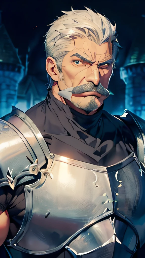 (1man, masculine, male_focus, old man, giant, muscular body, fantasy knight:1.3), (grey short hair:1.3, bright glowing eyes, high quality eyes, square jaws, moustache, frown), (simple cape, intricate pauldron, intricate heavy armor, castle ruin background), anime, man, male, muscular, bara