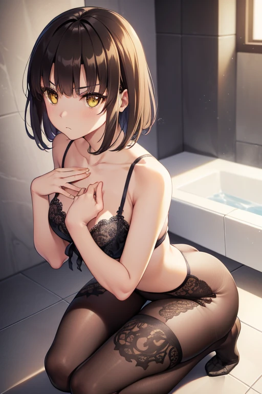 ((full body)), ((full pose)), ((medium breasts)), ((serious face:1.4)), ((kneeling on floor)), ((bathroom background)), megumi katou, brown hair, short hair, (yellow eyes:1.5), ((black pantyhose)), (black lace bra)) ((looking back)), ((black lace pantieasterpiece:1.2), best quality, high resolution, unity 8k wallpaper, (illustration:0.8), (beautiful detailed eyes:1.6), extremely detailed face, perfect lighting, extremely detailed CG, (perfect hands, perfect anatomy),