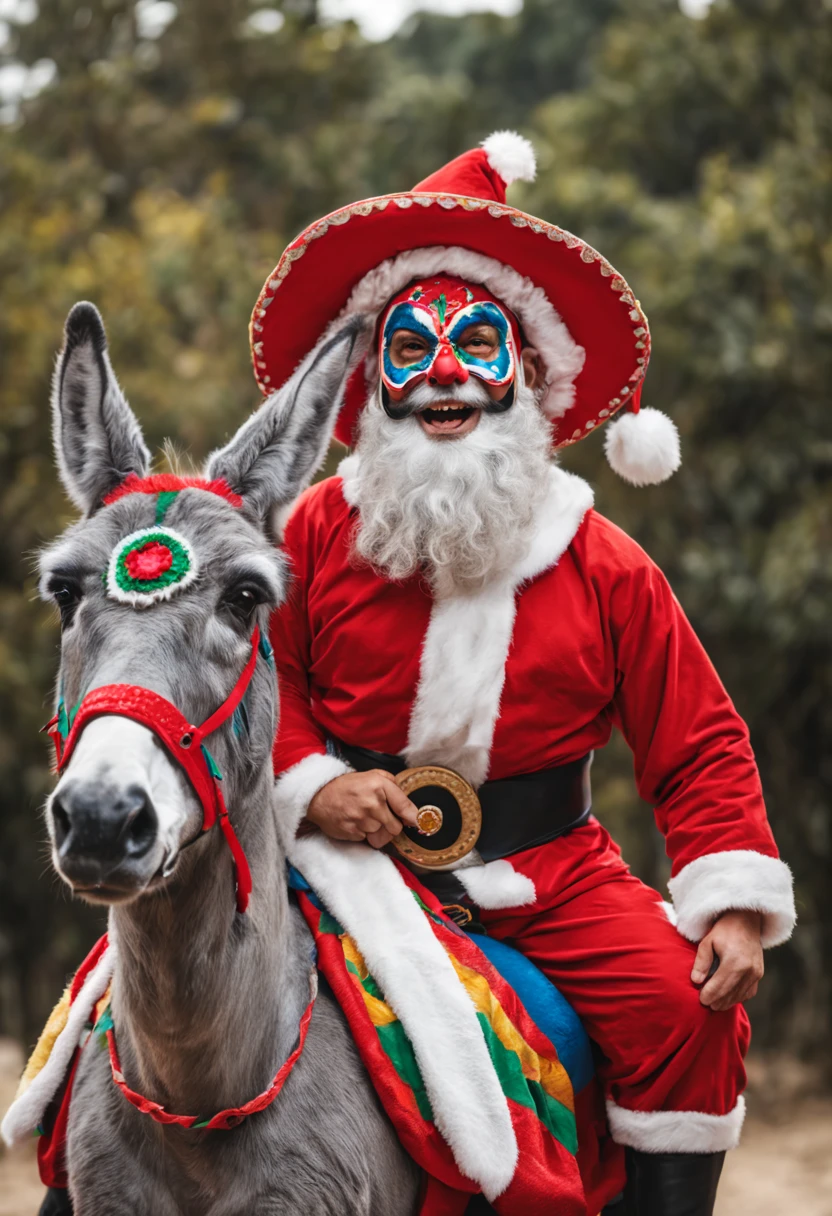 funny Santa Claus is riding on a grey Donkey, dressed like a Mexican Wrestler