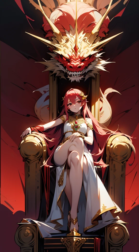 girl with blue long hair,red gold eyes,white long dress with gold jewellery, seeting in a throne,with a sword in her hand,dragon behind the throne,with red colour ,black colour ,golden flame