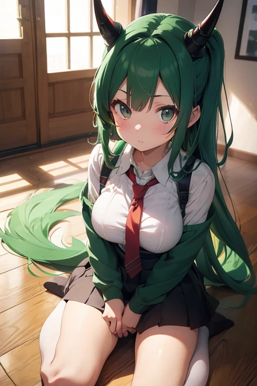 masterpiece, best quality, 1girl, spread anus, Sonozaki Shion, green hair, green eyes, long hair, yellow ribbon, turtleneck sweater, black skirt,