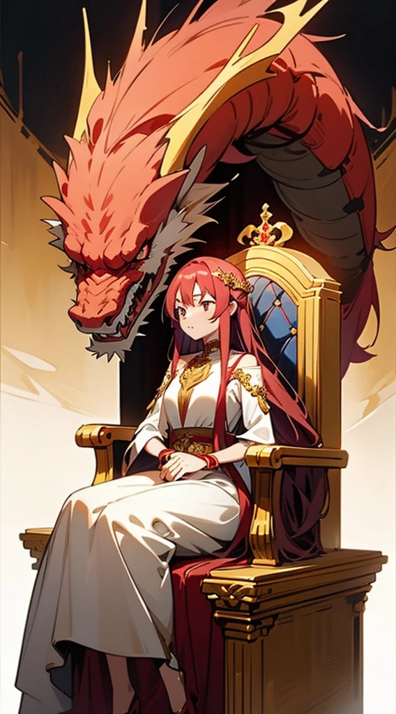 girl with blue long hair,red gold eyes,white long dress with gold jewellery, seeting in a throne,with a sword in her hand,dragon behind the throne,with red colour ,black colour ,golden flame