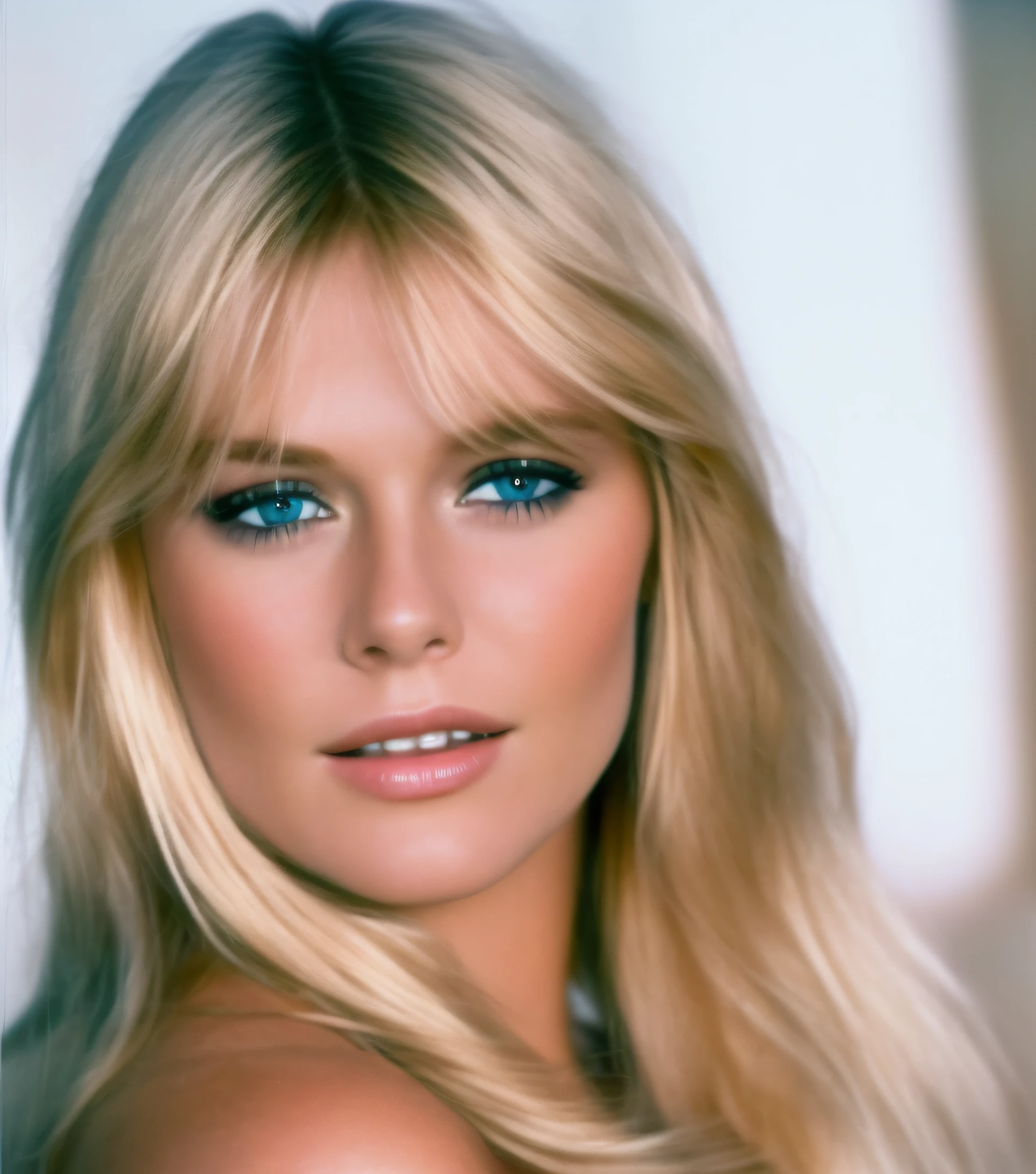 a close up of a woman with long blonde hair and blue eyes that should be a variation. show her as a image of  angel hovering above ground