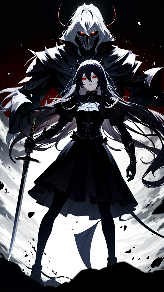 Knight, Anime, Sword, Hair. Black clothes, Demon background, Possessed.
