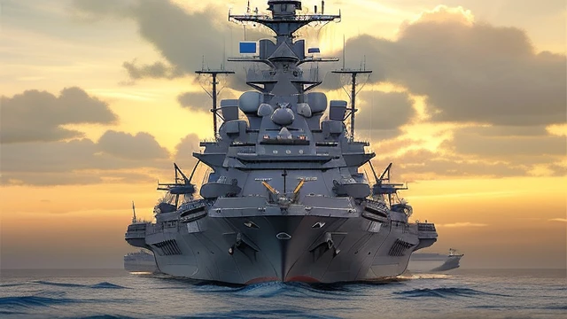 late sunset，French and German ships on the sea and clouds in the sky, Realistic warship design, battleship, warships, warships, Realistic military aircraft carrier, Yamato, Sea battles, cg art, cancolle, great sense of depth, naval battles, Positive perspective, ships, The splendid fleet, rendering of checkmate, author：Richard Mayhew