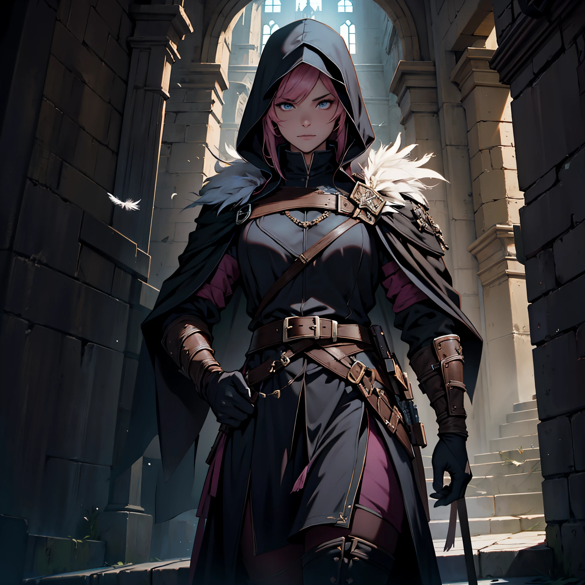 ​masterpiece, Best Quality, detailed, Cinematics, 4k, Background with: dark night medieval dungeon stairs, Wearing an assassin costume made of feathers, pink beauty