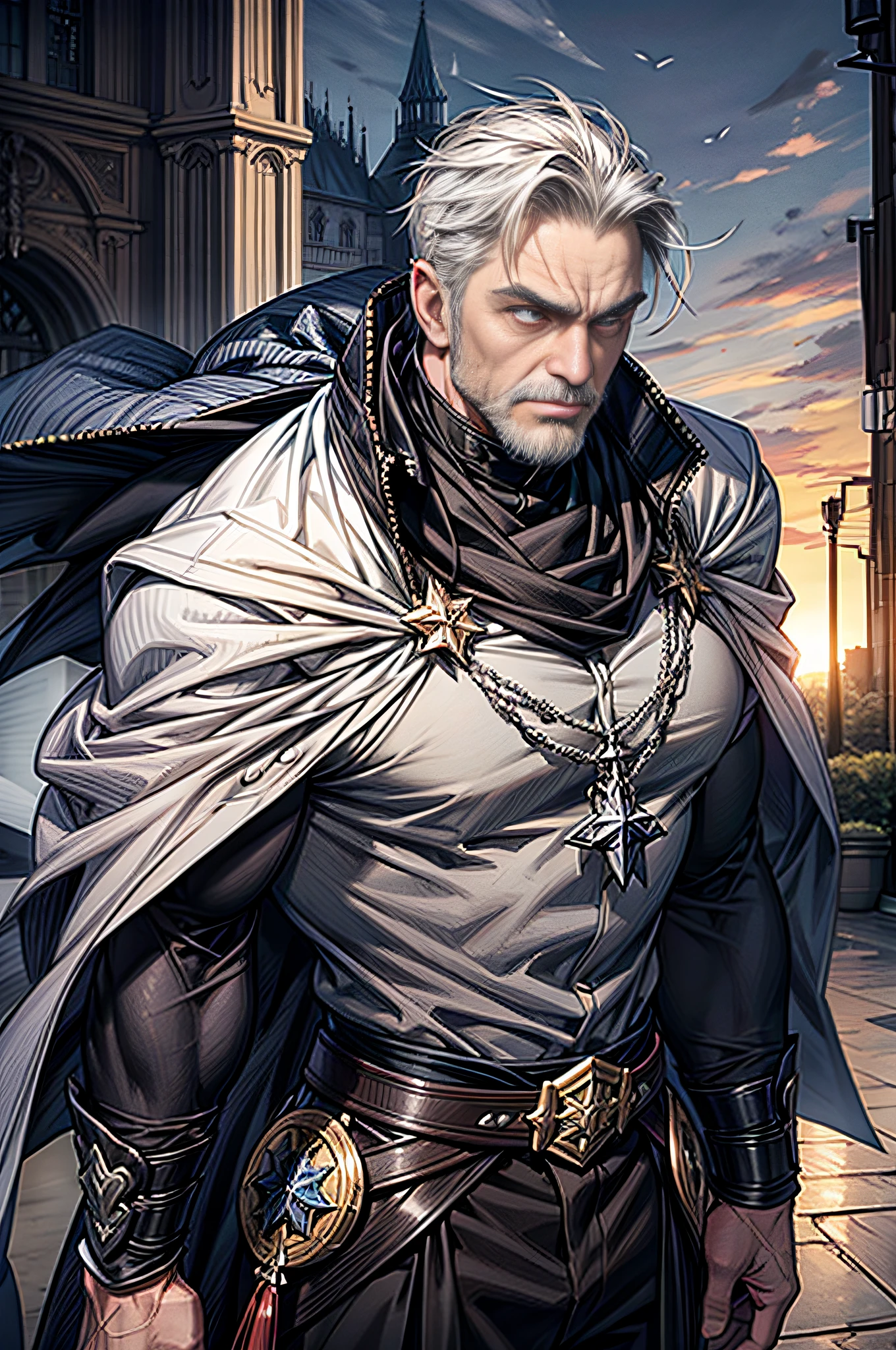 (1man, masculine, male_focus, old man, giant, muscular body, fantasy), (grey short hair:1.3, bright glowing eyes, high quality eyes, square jaws, moustache, frown), ( cape, intricate pauldron, intricate heavy armor, castle ruin background), anime, man, male, muscular, bara
