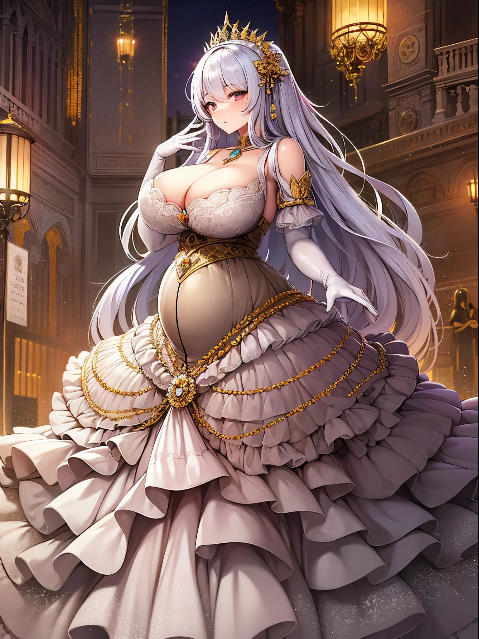 ultra-detailed, extremely detailed,((anime artstyle)),Masterpiece,(Best Quality),(Super Detail),(Very Delicate and Beautiful),((Solo)),((full body)),full body,((detailed face and eyes)),perfect eyes, rendered eyes,jewel-like beautiful eyes,((embarrassed,blush)),((1 pregnant princess in beautiful embroidery and jeweled gorgeous rococo ballgown with voluminous full length hoop skirt)),(((heavily pregnant))),((Crinoline,luxurious ruffles)),beautiful embroidery and jeweled gorgeous rococo ballgown with voluminous full length hoop skirt,(large amount of straight hair,extremely voluminous Very Long straight Hair,Absolutely Long Straight Hair),(((very gigantic boobs))),skindentation,Bursting breasts,cleavage,(fantasy castle,luxury palace),long_gloves,extremely gorgeousfull jeweled hair ornament,(bling-bling extremely gorgeousfull jeweled tiara),(luxurious jewelry),full body,beautiful embroidery and jeweled gorgeous rococo princess ballgown with voluminous full length hoop skirt