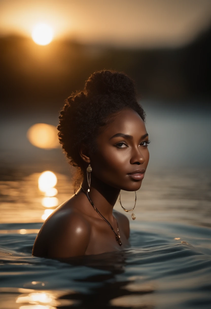 .RAW, corps entier, Half-body of a beautiful 25-year-old woman, (africain, peau noire), cheveux longs, Queue, seins durs, (Pores), (visage sale), nue sur une plage tropical, bahamas ((translucent clothes)) (Nuit), ((twilight)) , (backlight), (Against the Light), (Sun in the background), Realstic, Masterpiece, High quality, Reflection of the objective, ombre, fleur, (skin with realistic pores), Sombre, (Nuit) , mat, Couleurs brutes, real,Nikon D850 Stock Film Photography 4 Kodak Portra 400 Camera F1.6 colors rich in hyper realistic glasses realistic texture dramatic lighting irrealengine trend on artstation cinestill 800 (épiCRealism), (((Parfait))