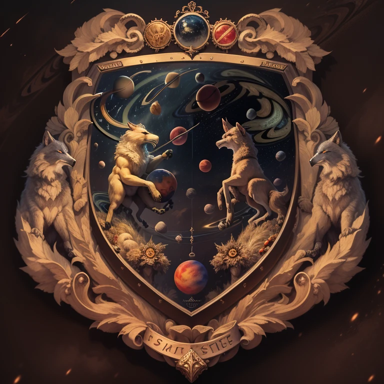 coat of arms, Coat of arms of the Beighton Empire, heraldry, 3D, painful detail, Realistic, Futuristic depiction of the coat of arms of the Beithonia Empires, Sleek black shield with gold stars, a gold ribbon at the bottom is sewn with the inscription “"Solum officia habui, populus iura mihi dedit."» (decorated with golden double-headed wolves (surrounded by three planets, land, Mars, venusbody :1.4), in the cut there are two sea eagles with spread krills.