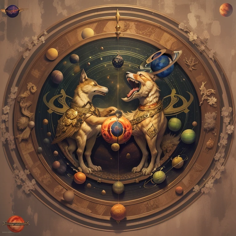 coat of arms, Coat of arms of the Beighton Empire, heraldry, 3D, painful detail, Realistic, Futuristic depiction of the coat of arms of the Beithonia Empires, Sleek black shield with gold stars, a gold ribbon at the bottom is sewn with the inscription “"Solum officia habui, populus iura mihi dedit."» (decorated with golden double-headed wolves (surrounded by three planets, land, Mars, venusbody :1.4), in the cut there are two sea eagles with spread krills.