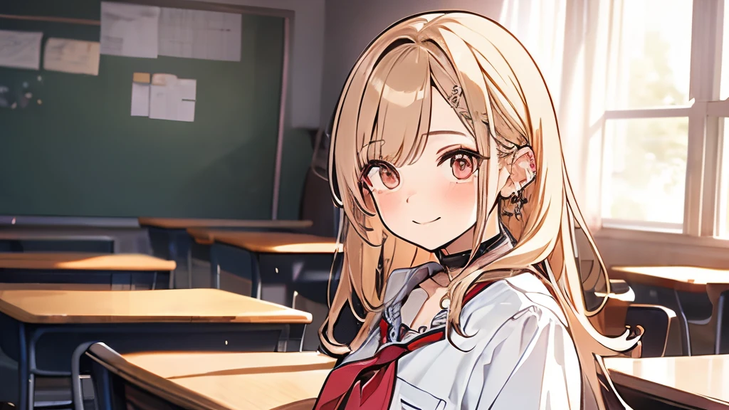 top-quality, 1girl, length hair, sitting on,, Forest bangs, a black choker, Black tie, blonde  hair, a blue skirt, red blush, A bracelet, breastsout, a choker, clothes around waist, 鎖骨, shirt with collar, cowboy  shot, dress shirts, ear piercings, eyebrows visible through hair, gradation hair, Grinning, gals, Kogal, length hair, looking at the viewers, Loose tie, neck tie, piercings, Plaid, Plaid skirt, pleatedskirt, red eyes, the ring, student clothes, The shirt, skirt by the, a smile, 独奏, white  shirt,Being in the classroom、up of face