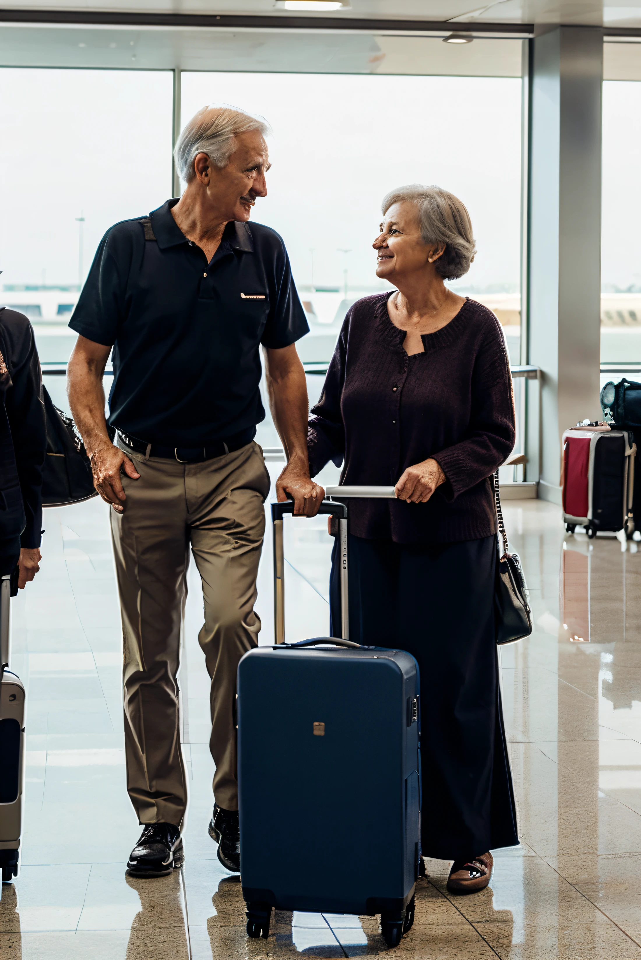an old couple, grandparents, with luggage, on airport, travelling abroad